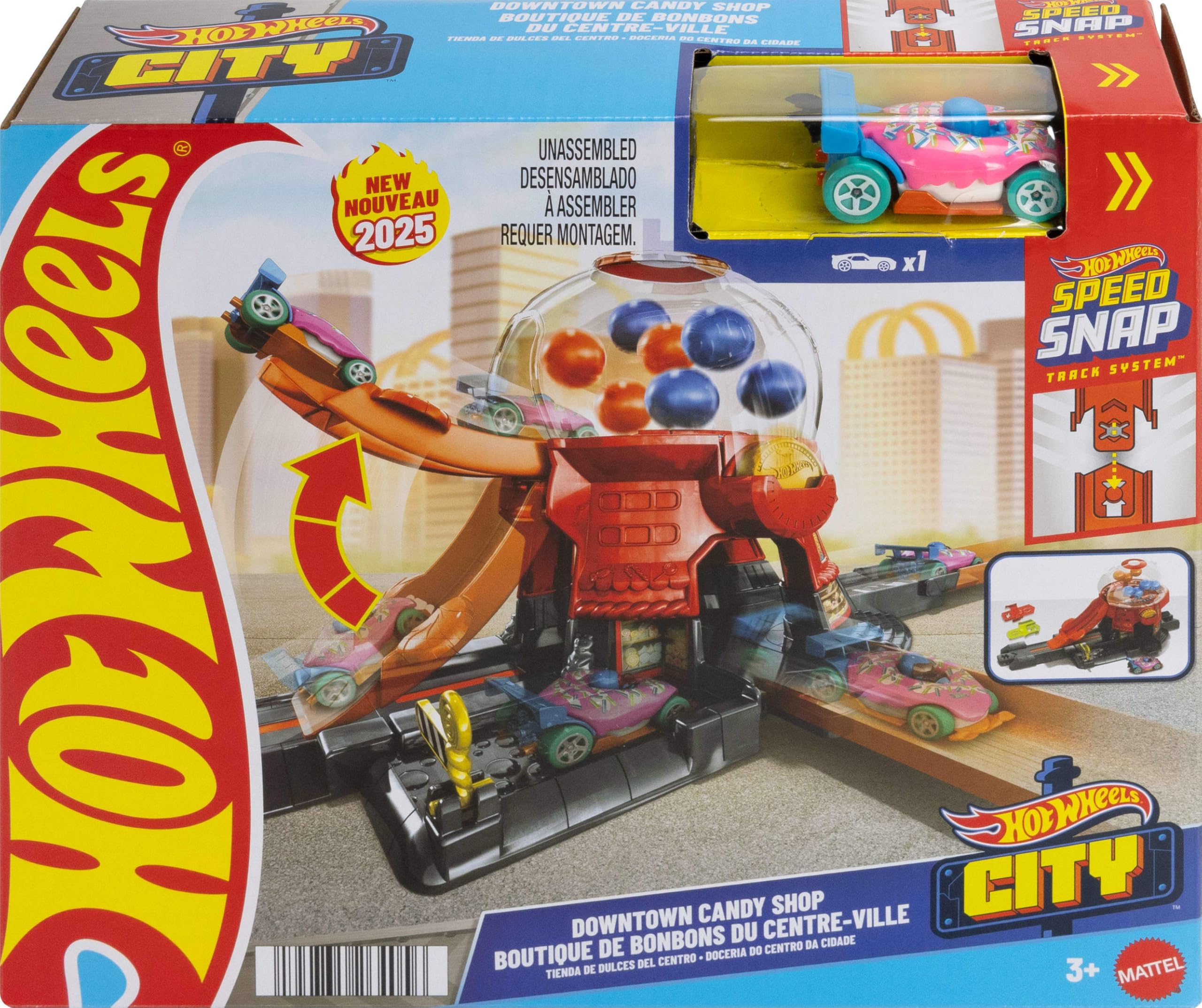 Hot Wheels Toy Car Track Set, Gumball Machine Playset with 1:64 Scale Die-Cast Donut-Shaped Vehicle & Speed Snap Track, Downtown City Candy Shop - Image 6